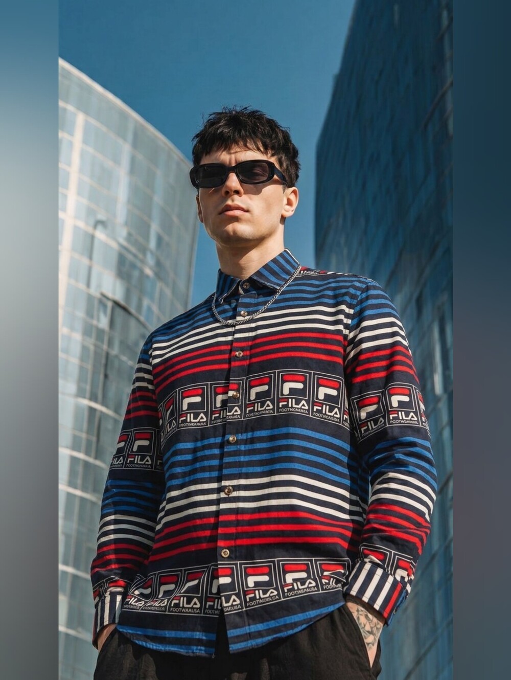Fila Vintage Multi-Stripe Logo Button-Up Shirt in Blue, Red, Black, White